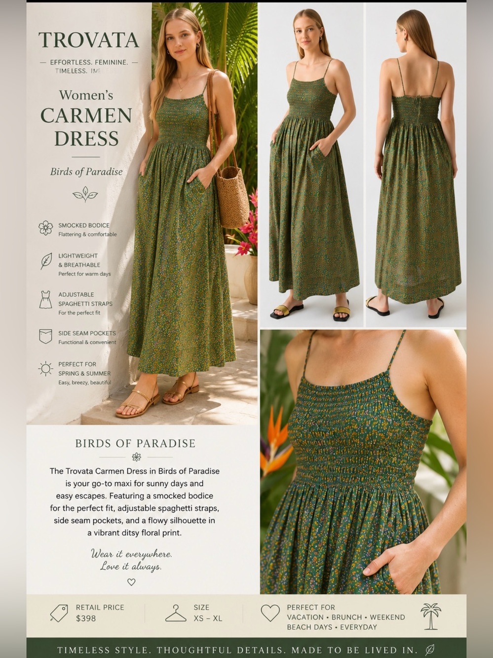 Birds of Paradis by Trovata Green Floral Smocked Maxi Dress with Pockets medium